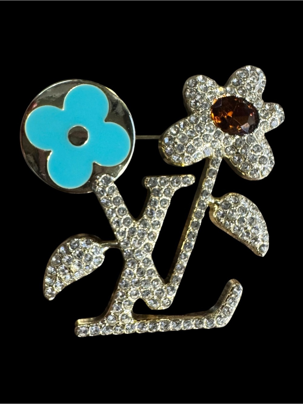 Crystal Flower Logo Brooch pin Turquoise flower and Clear Stones